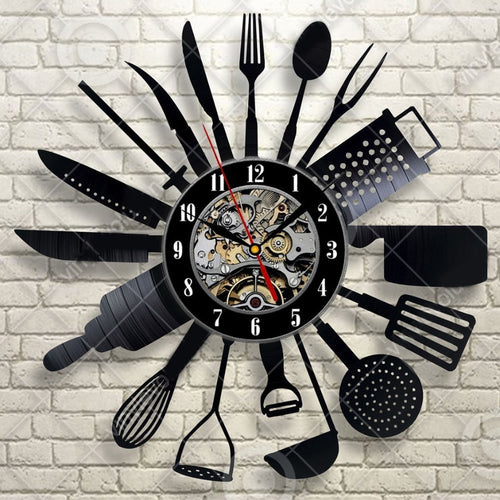 Cutlery Wall Clock Modern Design Spoon Fork Clock Kitchen Watch Vintage Retro Style Vinyl Record Wall Clocks Home Decor Silent